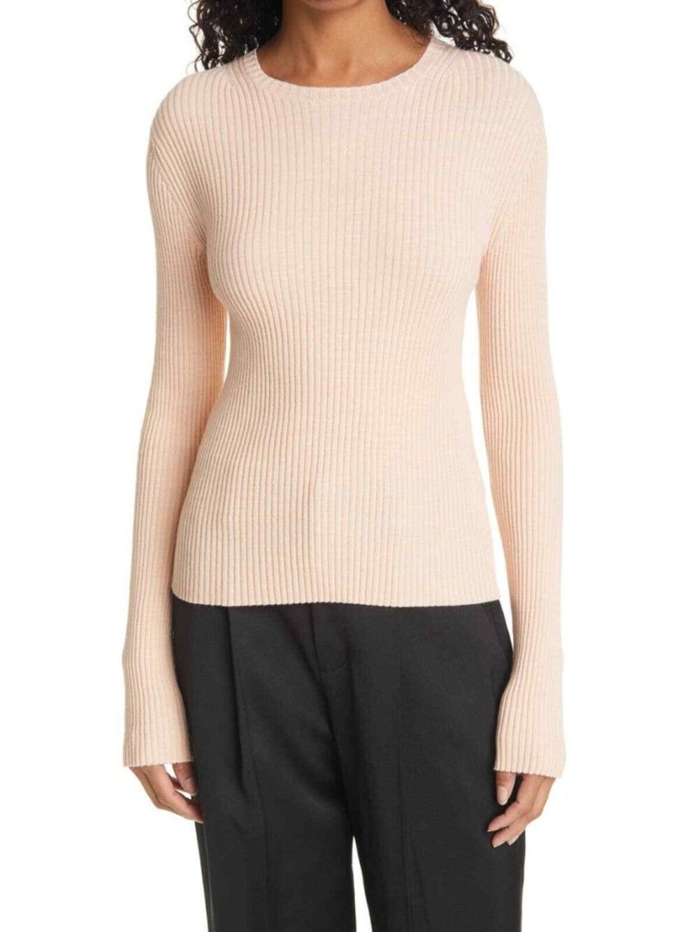 VINCE Marled Long Sleeve Wool Blend Ribbed Knit Sweater - M - Peach, Crew Neck